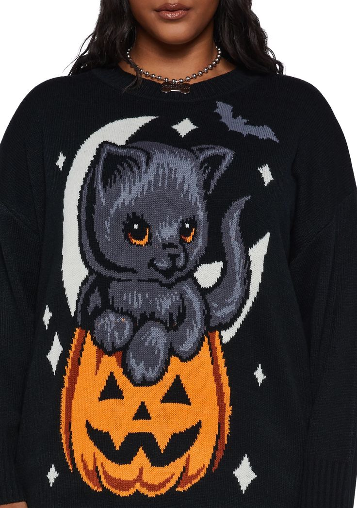 Plus Size Trickz N' Treatz Pumpkin Kitten Oversized Sweater - Black – Dolls Kill Fall Crew Neck Sweater With Cat Design, Crew Neck Sweater With Cat Design For Fall, Winter Cat Print Crew Neck Sweater, Halloween Crew Neck Sweater, Casual Halloween Knit Sweater, Fall Crew Neck Sweatshirt With Cat Design, Spooky Cat Design Tops For Fall, Spooky Cat Print Tops For Fall, Spooky Fall Tops With Cat Print