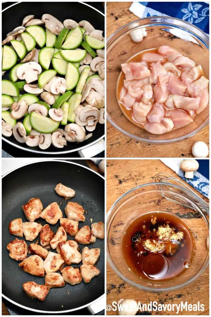 four pictures showing different stages of cooking chicken and vegetables