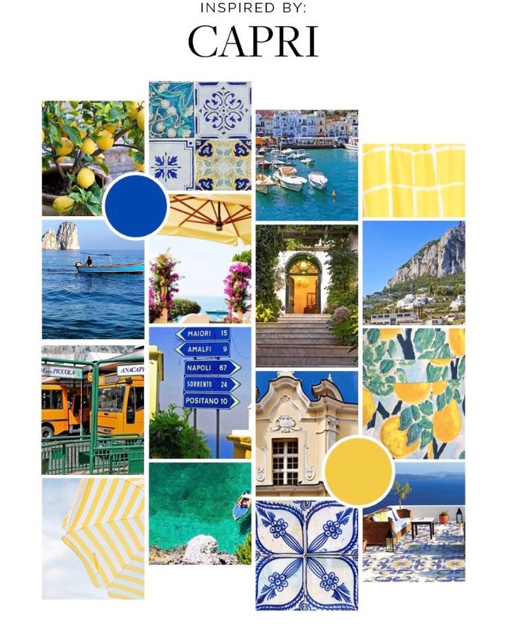 a collage of photos with the words, inspired by capri in blue and yellow