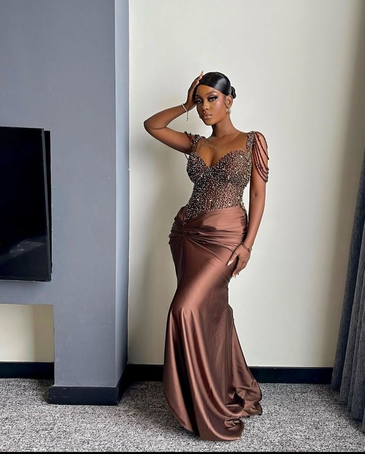 Brown African Dress, Brown Lace Asoebi Styles, Nigerian Bridesmaid Dresses Classy, Bridal Satin Dress Style In Nigeria, Brown Aso Ebi, African Bridesmaid Dresses Styles, Bridesmaid Dresses In Nigeria, Chief Bridesmaid Dresses Nigerian, Glam Bridesmaid Dresses