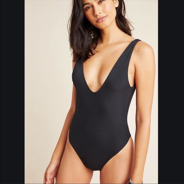 Brand New Black V-neck Summer Bodysuit, Sleek Black Bodysuit For Poolside, Black V-neck Sleek Swimwear, Sleek Black V-neck Swimwear, Womens Swim, One Piece Swimsuit, Anthropologie, Swimming, One Piece