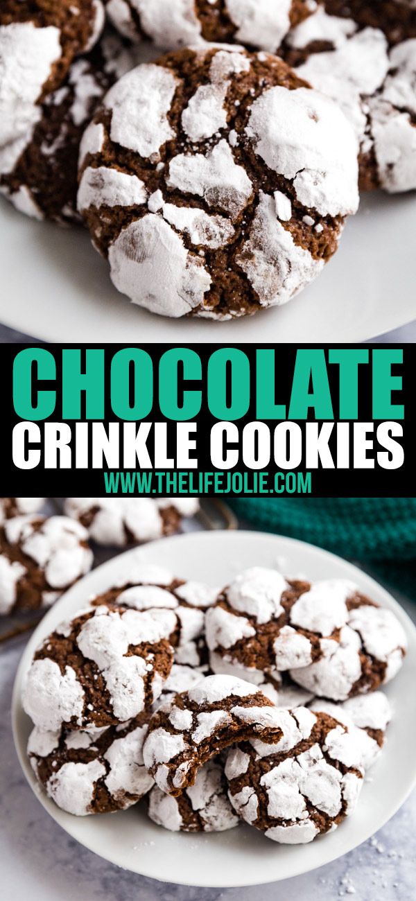 chocolate crinkle cookies with powdered sugar on top are stacked on a white plate