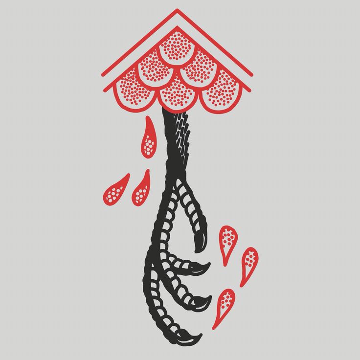 an illustration of a birdhouse with red and black designs on it's roof