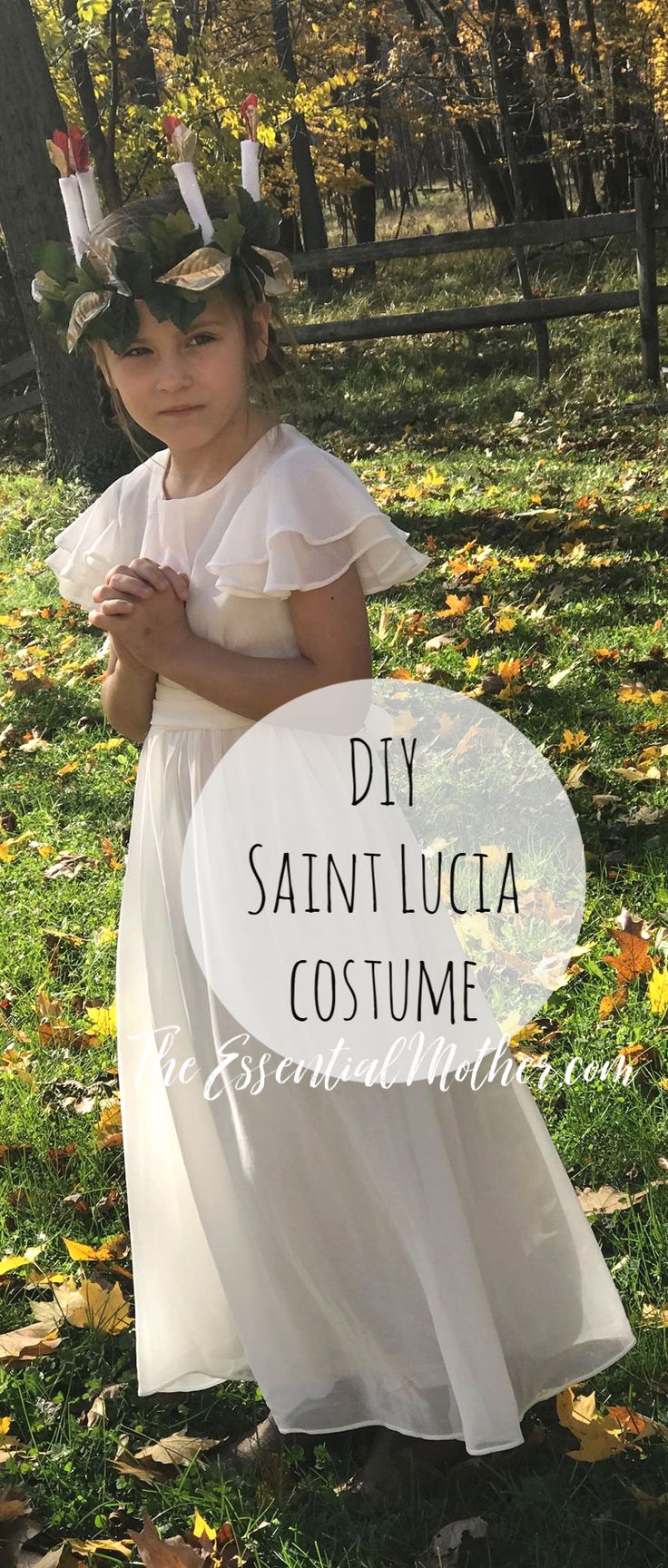 A simple and sensory-friendly crown and dress tutorial for celebrating the Feast of St. Lucia (December 13th) or dressing up for All Saints' Day.   Two crown options (felt and artificial leaves) are included. St Lucy Crown, Santa Lucia Crown, St Lucy Costume, Saint Lucia Costume, Saint Lucy Costume, All Saints Day Costumes Girls Diy, Diy Girls Costumes, Lucy Costume, Saint Costume