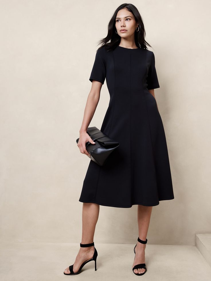 Soft Touch Scuba Seamed Midi Dress | Banana Republic Factory Wedding Photographer Attire, Black Tea Length Dress, Dresses For Women Classy, Classic Black Dress, Business Formal Dress, Black Dress With Sleeves, Scuba Fabric, Scuba Dress, Essential Dress