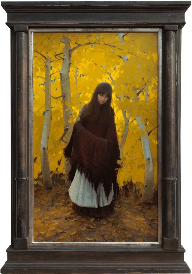 a painting of a woman standing in front of trees with yellow leaves on the ground