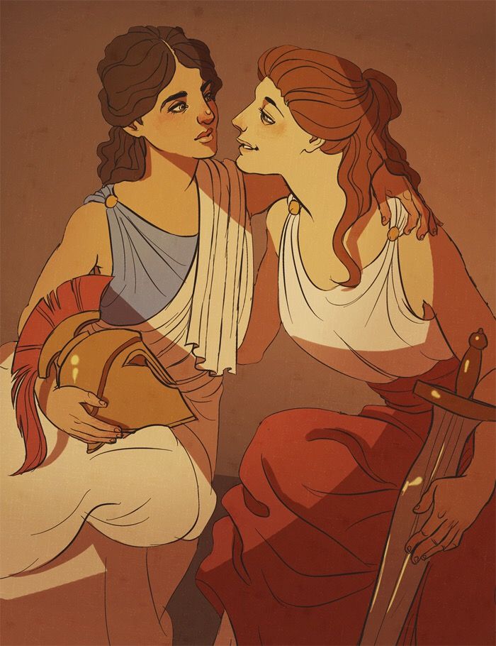 an image of two women talking to each other in ancient greek dress and holding swords