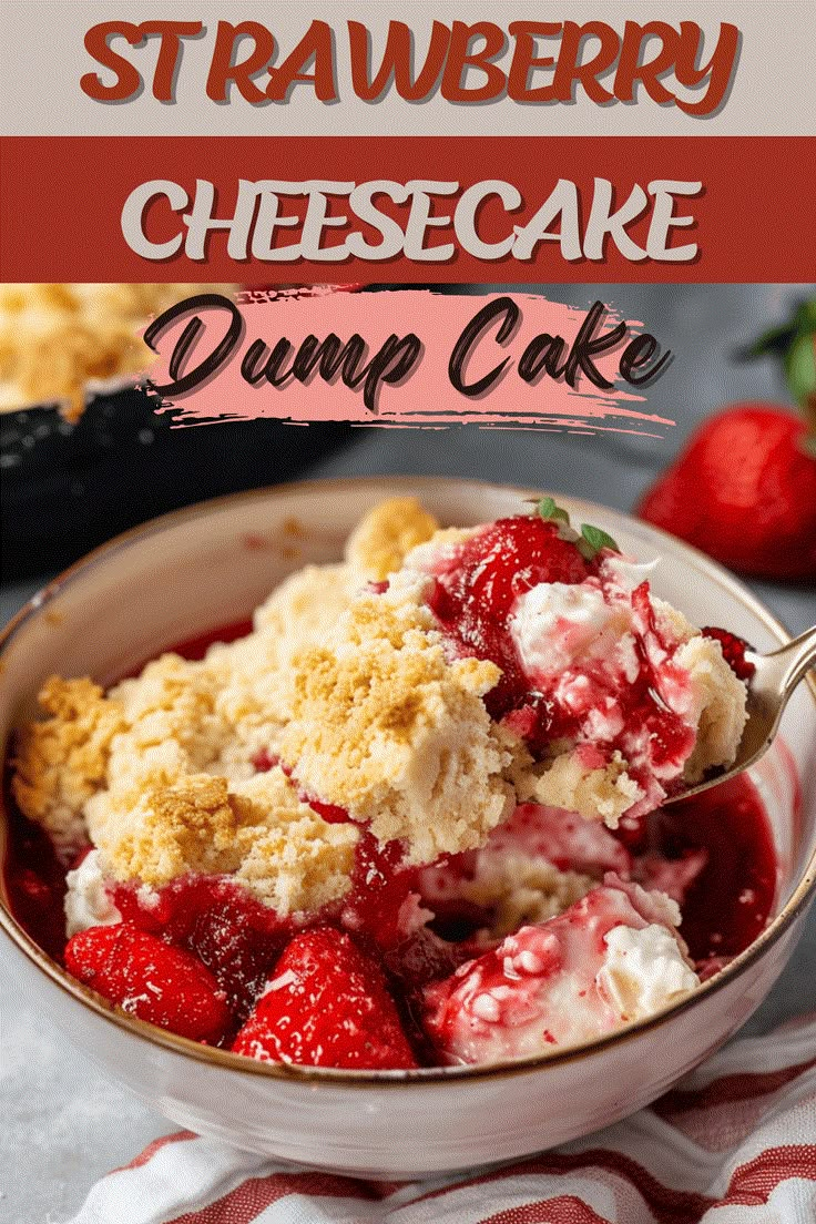 strawberry cheesecake dump cake in a bowl with strawberries on the side and text overlay