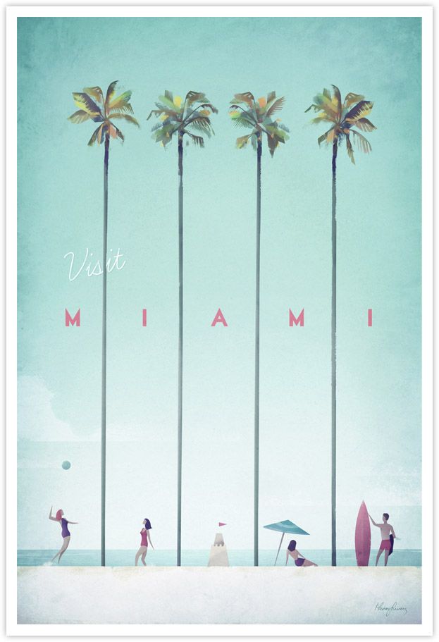 a group of people standing on top of a beach next to palm trees and the words miami