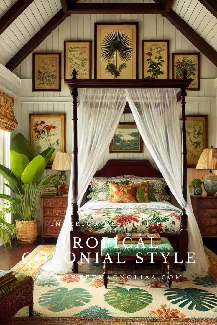 a canopy bed with white drapes on top of it in a room filled with pictures and plants