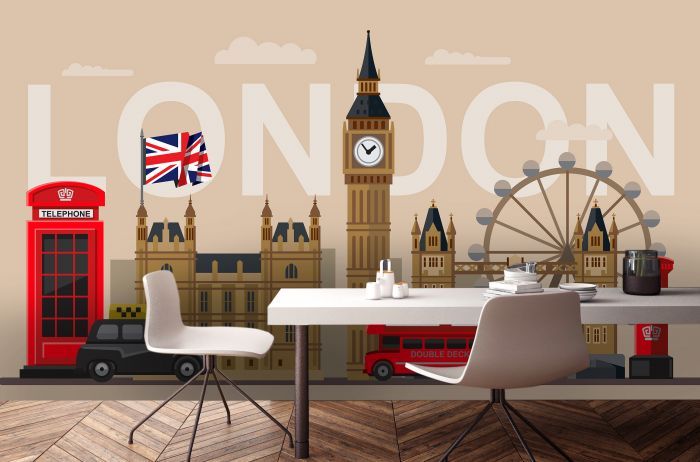 the london skyline with big ben and red telephone booth wallpaper mural in a dining room