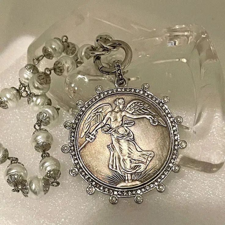 Silver Vintage Coin Necklace-Glass Pearl Chain-Cubic Zirconia - Vanessadesigns4u Moon Phases Necklace, Pearl Chain Necklace, French Jewelry, Silver Spring, Cool Necklaces, Oval Pendant, Coin Necklace, Pearl Chain, Coin Pendant