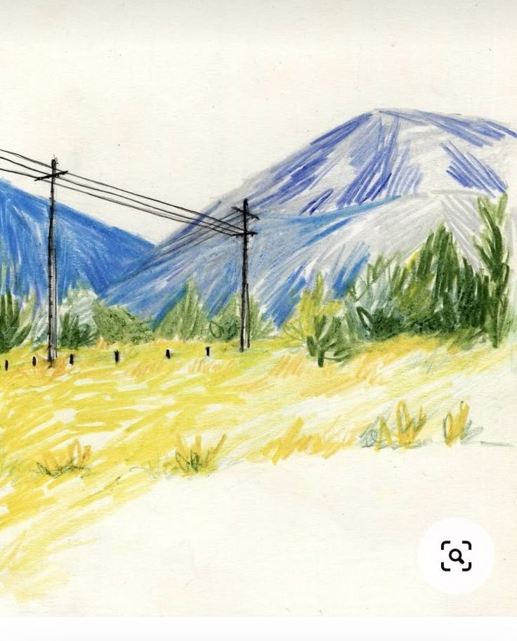 a drawing of power lines and mountains in the background with grass, trees, and yellow flowers