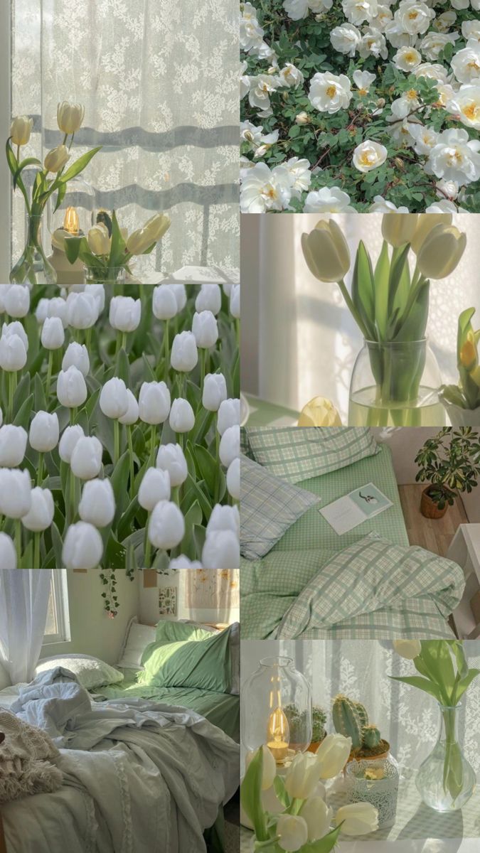 a collage of photos with white flowers in vases and other things on the table