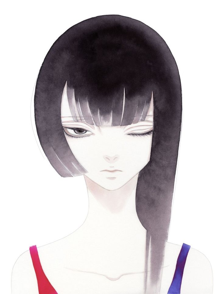 a drawing of a woman with long black hair and blue eyes, wearing a red tank top