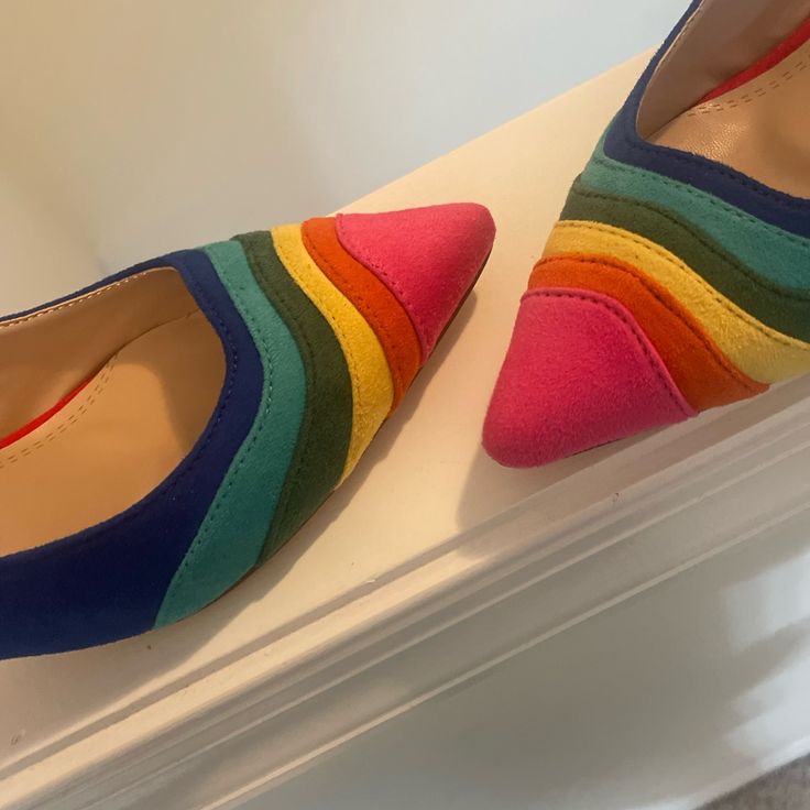 Spring Into Action With These Neat F.O.W.T. Rainbow Slingback Kitty Heels. Size 8.5. Super Soft Uppers. Comfy Kitty Heel. Trendy Multicolor Slip-on Heels, Multicolor Slingback Heels For Party, Pink Retro Heels With Pointed Toe, Summer Multicolor Slingback Pumps, Rainbow Pointed Toe Heels, Multicolor Slingback Heels For Spring, Multicolor Pointed Toe Heels With Heel Strap, Retro High Heel Slingback Pumps For Spring, Trendy Pink High Heel Slingback Pumps