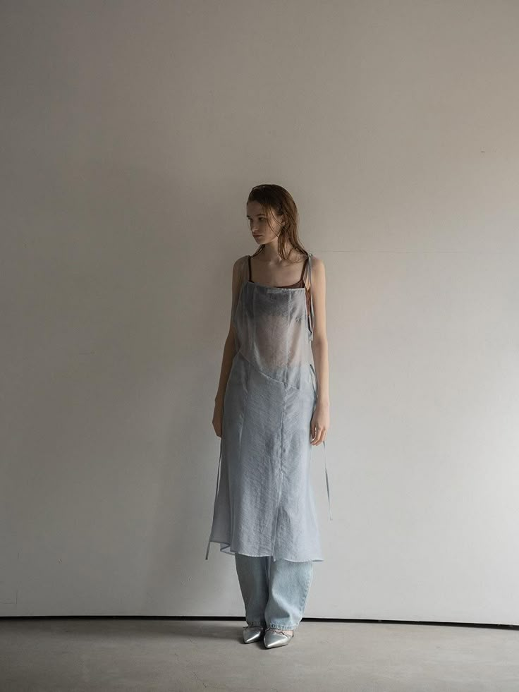 Sheer Layers Fashion, Structured Womens Clothing, Sheer Dress Layer Outfit, Sheer Dress Over Pants, Layered Slip Dress Outfit, Dress Over Pants Outfits, Slip Dress Outfit Night, Minimal Style Women, Slip Dress Layering