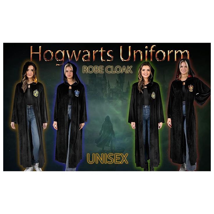 three women wearing harry's uniform robes and standing in front of a dark background