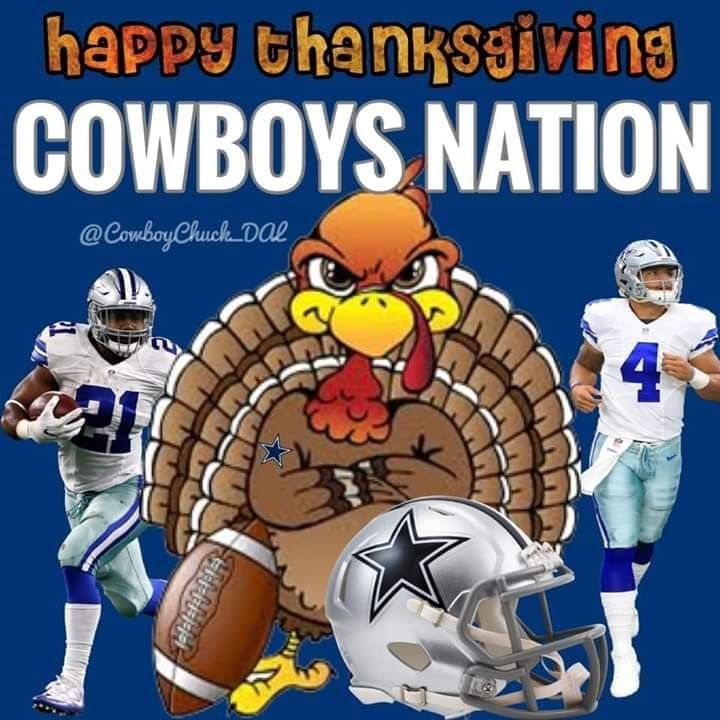 a happy thanksgiving card with cowboys football players and a turkey on the sidelines, which reads happy thanksgiving cowboys nation