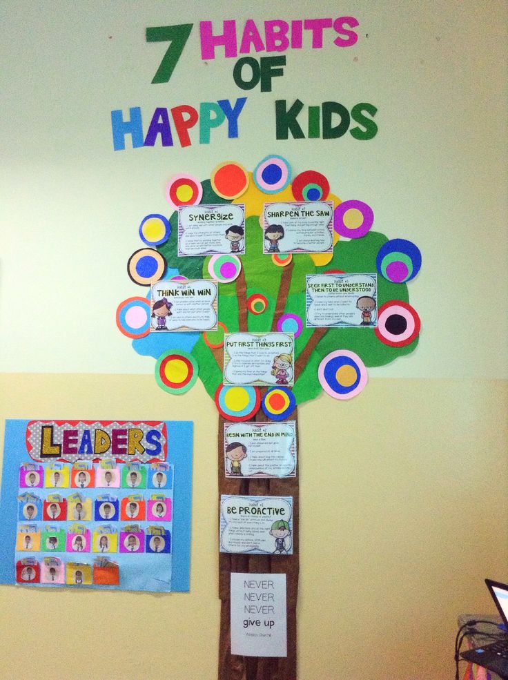 a bulletin board with the 7 habitts of happy kids on it in front of a tree