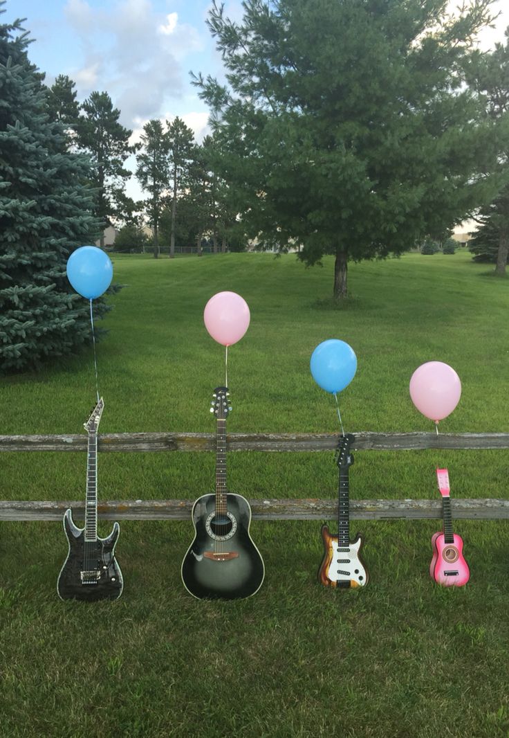 guitars and balloons are lined up on the grass in front of a fence with trees