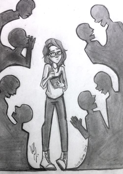 a drawing of a woman standing in front of several people with their hands up to her face