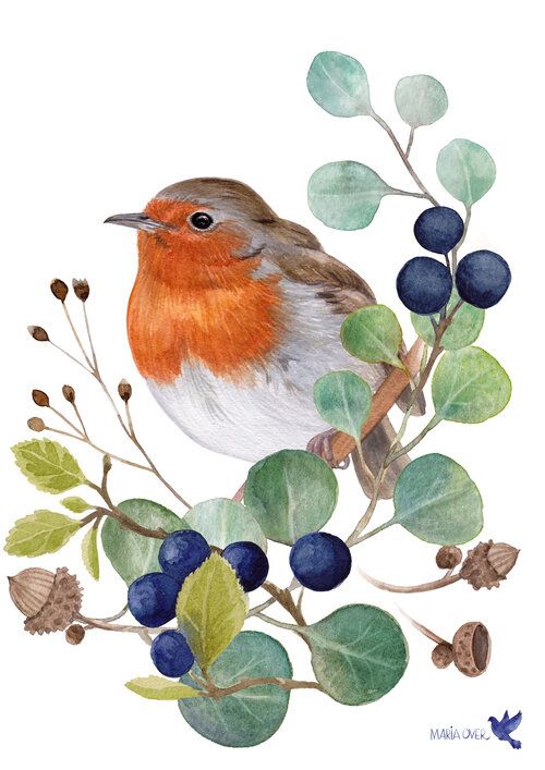 a watercolor painting of a bird sitting on a branch with berries and leaves around it