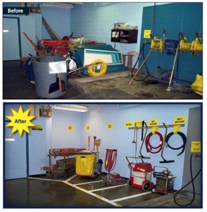 two pictures side by side with different types of tools on the wall and in the floor