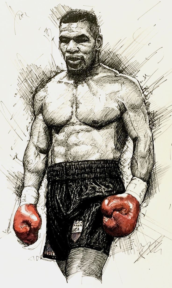 A pen and ink sketch of Mike Tyson in mostly blakc pen but with red ink used on the boxing gloves. Mike Tyson Sketch, Sport Art Drawing, Mike Tyson Drawing, Boxing Sketch, Boxing Drawing, Poc Oc, Drawing List, Boxing Art, Pen Sketches