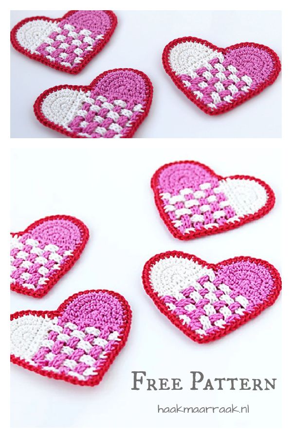 crocheted hearts are shown with the words free pattern on top and below them