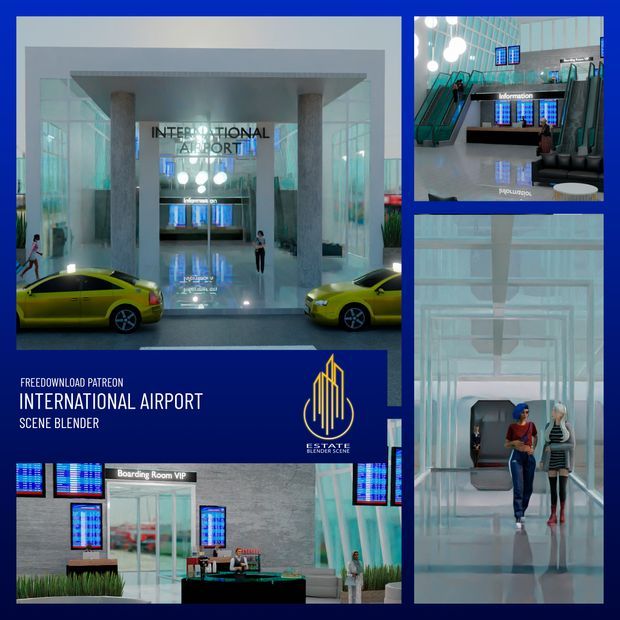 the interior of an international airport with people walking through it and two yellow cars parked in front of them