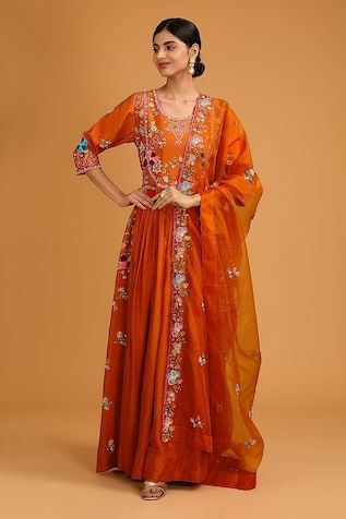 Rust orange anarkali with pearls, sequin, threads and cutdana embroidery in floral motifs. Paired with an embroidered scallop hem dupatta. - Aza Fashions Orange Chanderi Anarkali Set For Navratri, Orange Salwar Kameez With Cutdana For Navratri, Semi-stitched Orange Cutdana Anarkali Set, Orange Chanderi Anarkali Set With Cutdana, Orange Anarkali Set With Dupatta, Festive Anarkali Style Orange Sharara, Festive Anarkali Orange Sharara, Festive Orange Anarkali Sharara, Orange Semi-stitched Salwar Kameez With Cutdana