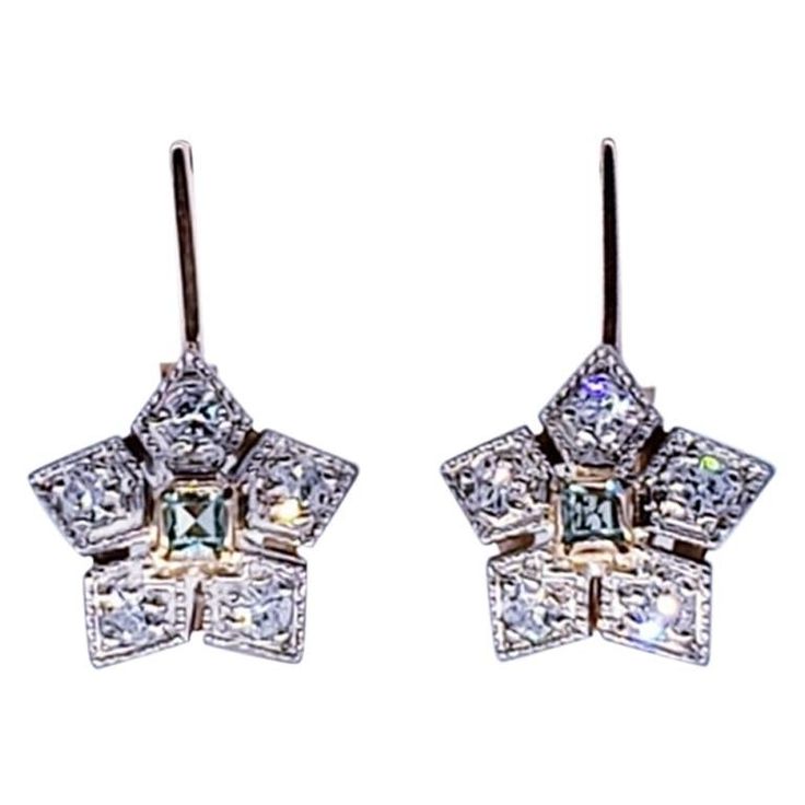 Art Deco Style Russian 0.40 Carat Diamond & Emerald Flower Earrings. The earrings have hallmarks & Assay 583 for purity 14k rose gold. The diamonds are VS clarity and weight approx total 0.30 carat (10 diamonds X 0.03ct). The earrings measure 10.80mm X 17.20mm and weight 4.3 grams. Art Deco Drop Earrings, Platinum Earrings, Art Deco Earrings, Estilo Art Deco, Art Deco Diamond, Art Deco Inspired, Rose Cut Diamond, Art Deco Style, Gold Flowers