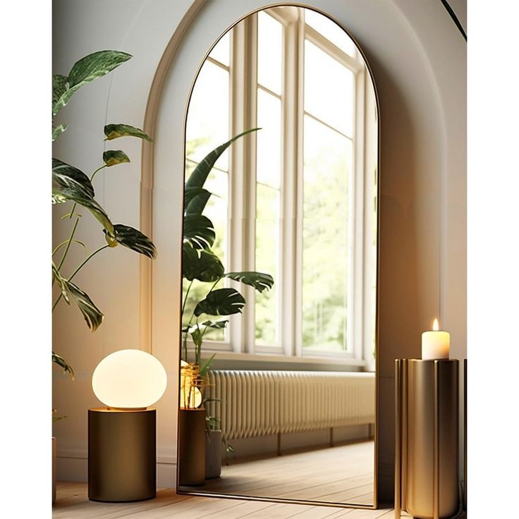 a large mirror sitting next to a potted plant on top of a wooden floor