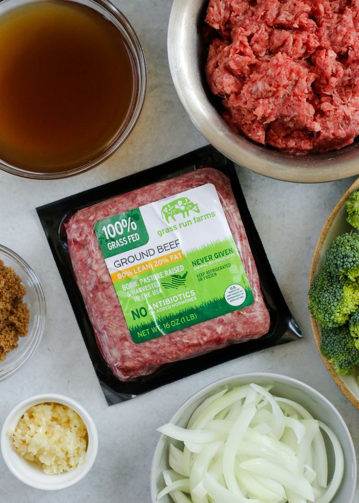 ingredients to make ground beef and broccoli laid out on a table