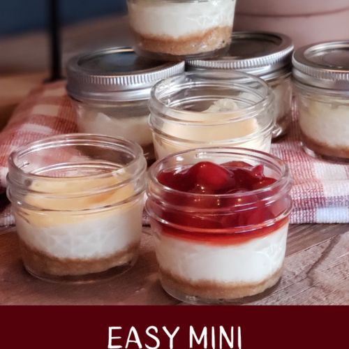 mini cheesecakes in jars with cherries on the side and text overlay that reads easy mini cheesecakes in jars