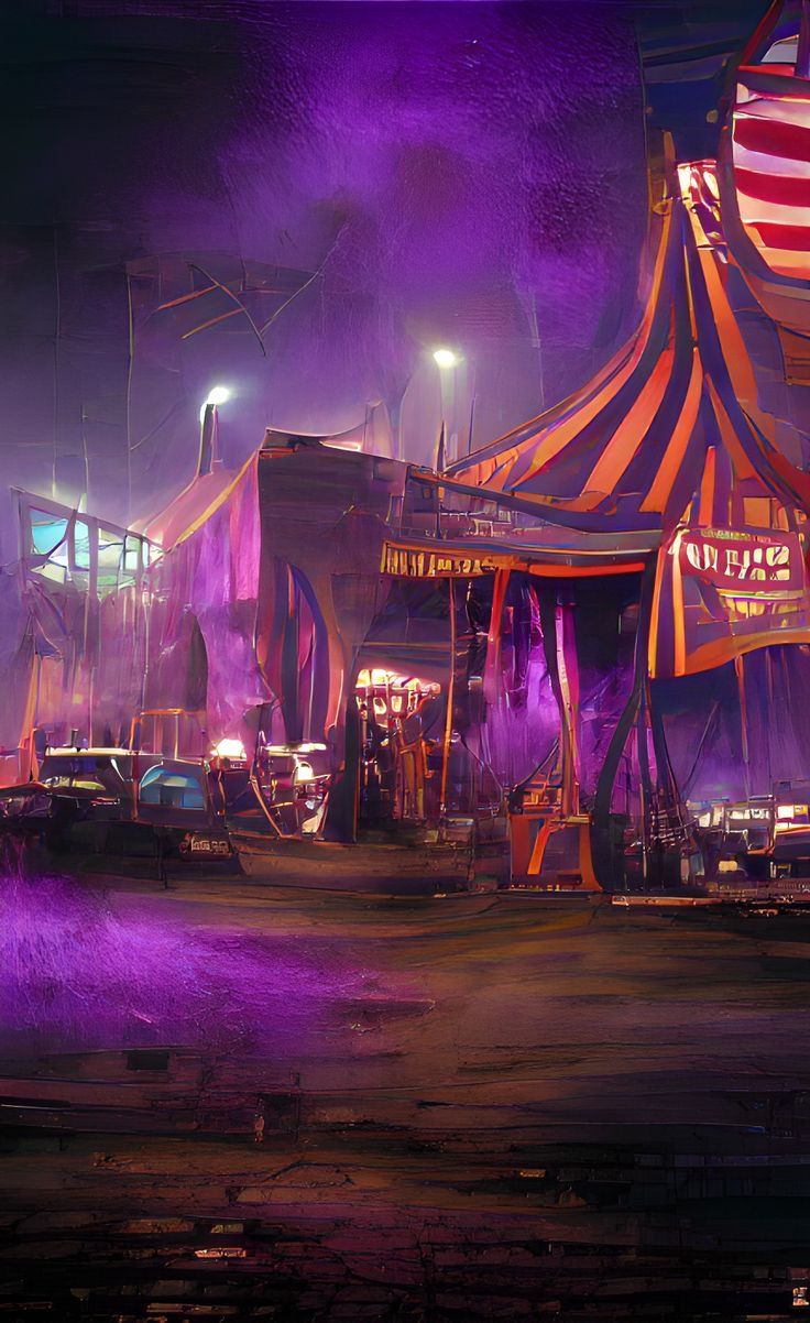 an image of a carnival at night with purple lights and cars parked in front of it