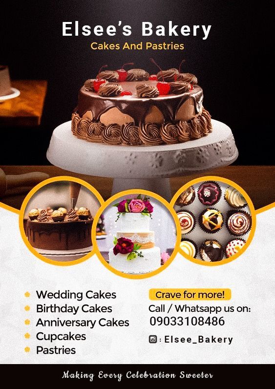 a flyer for a bakery with cakes and pastries on the front, along with an image of a cake