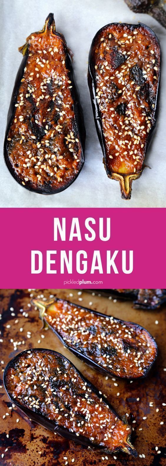 two eggplant halves with sesame seeds on top and the words nasu dengaku