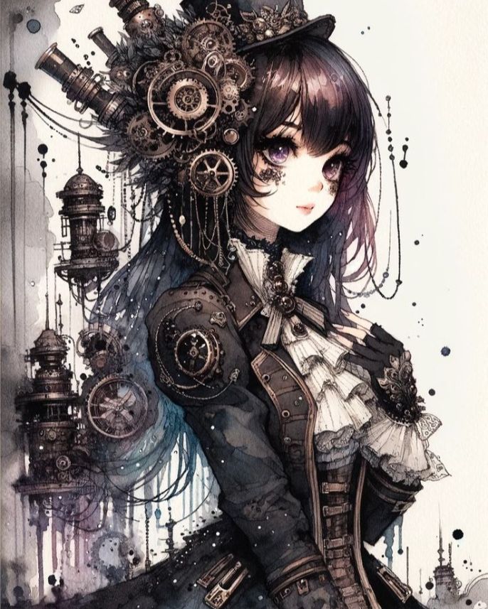 a drawing of a woman with steampunks and gears on her head, standing in