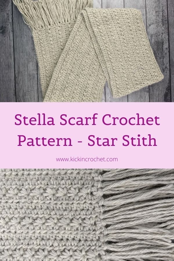 the stella scarf crochet pattern with text overlay that reads stella scarf crochet pattern - star stitch