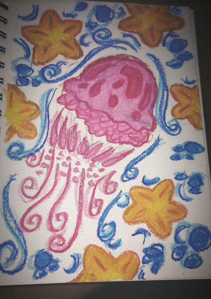 a drawing of a jellyfish with stars and swirls on it's surface