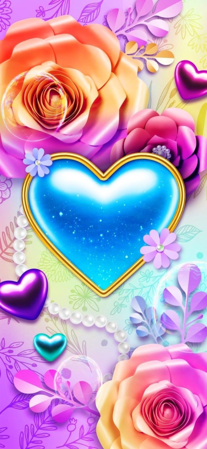 a heart surrounded by roses and hearts on a colorful background with flowers in the center