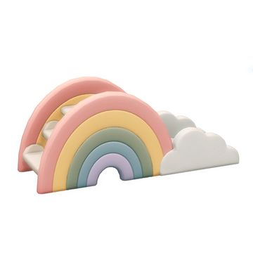 three wooden rainbows with clouds in the sky on a white background, one is pink, one is yellow and one is green