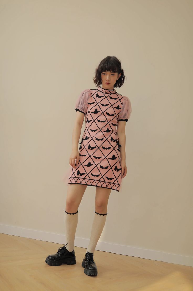 pink mesh sleeve butterfly knitted dress ��– remulia Fitted Mini Mesh Dress For Fall, Fitted High Neck Knit Dress, Fitted Knit Mini Dress, Fitted Knit Mini Length Dress, Fitted Knit Knee-length Dress, Fitted Knee-length Knit Dress, Knit Mini Length Evening Dress, Evening Knit Mini Dress, Evening Mini Knit Dress