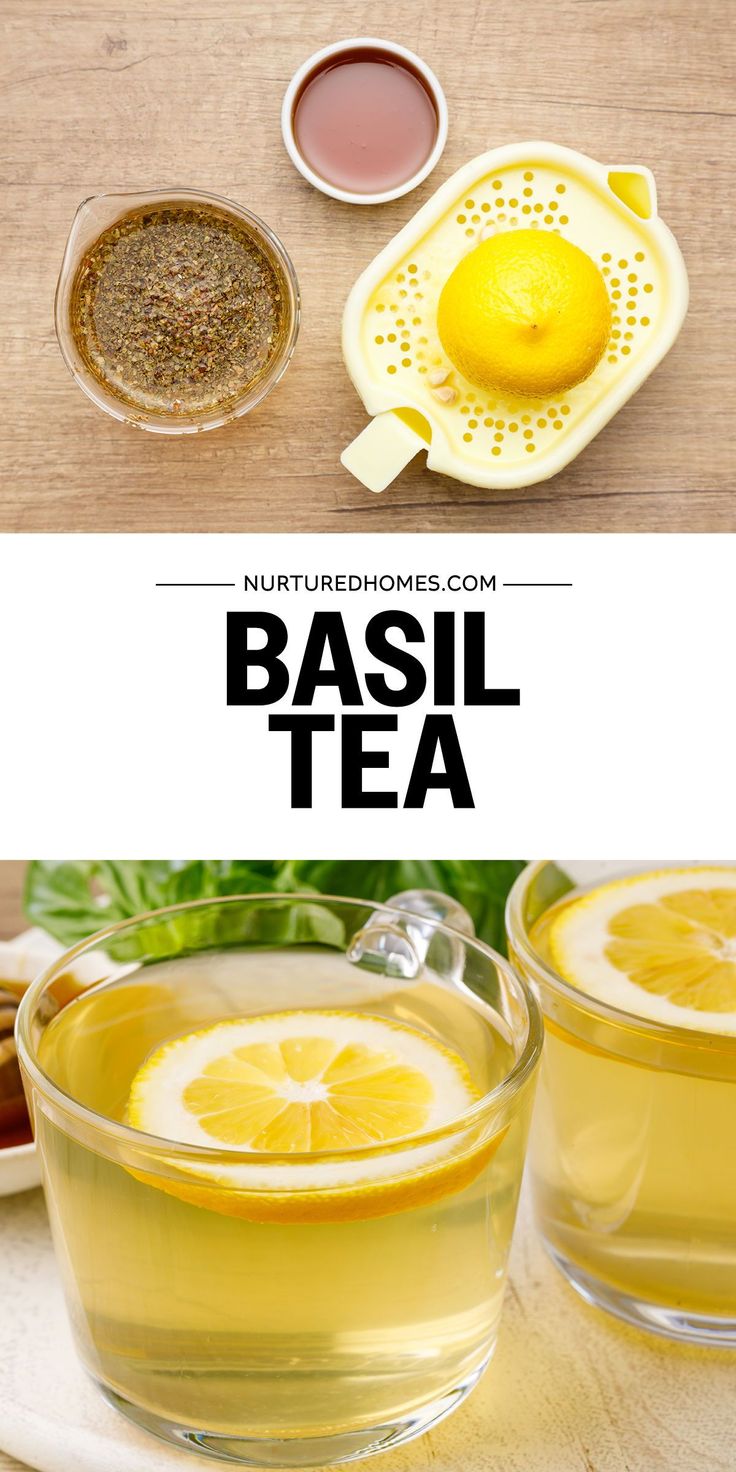 the ingredients to make basil tea are shown in separate bowls, including lemons and herbs