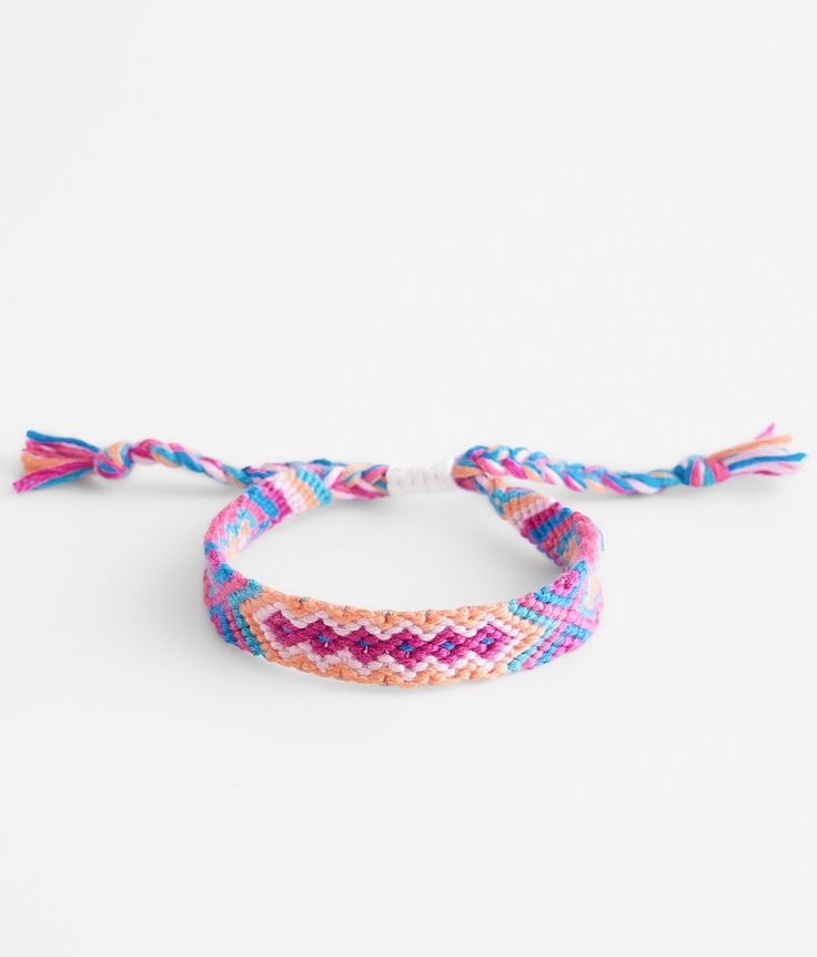 two braided bracelets with different colors and designs on them, one is pink, the other is blue