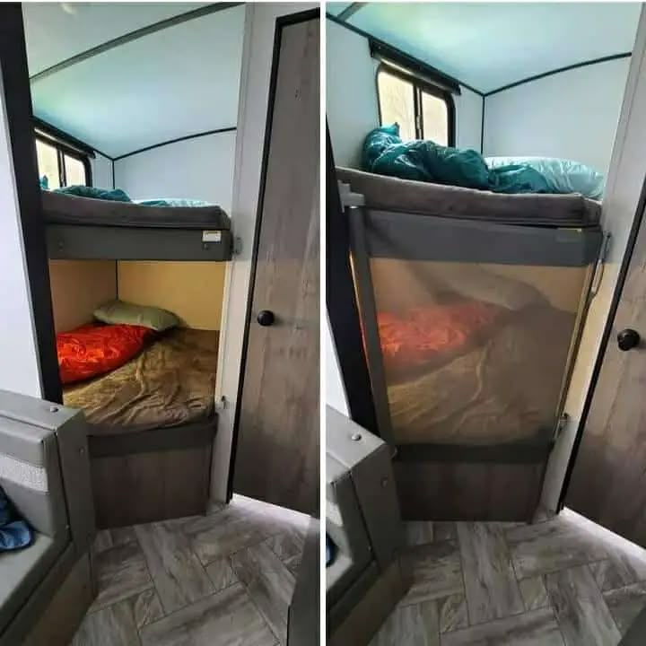 two pictures of the inside of a camper with bunk beds and sleeping bags in it