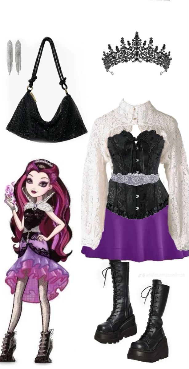 the doll is dressed up as a princess and has black boots, a white shirt, purple skirt, and a tiara