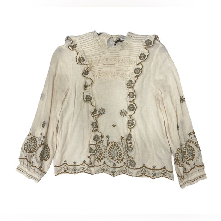 Brand: Zara Women Size: Small Color: Eggshell White 56% Viscose, 44% Cotton Condition: Brand New With Tags Gold Long Sleeve Tops For Spring, Zara Bohemian Blouse For Spring, Zara Cream Long Sleeve Blouse, Feminine Beige Zara Tops, Zara Bohemian Long Sleeve Tops, Elegant Embroidered Zara Blouse, Elegant Cream Embroidered Summer Top, Summer Embroidered Gold Tops, Elegant Embroidered Cream Top For Summer